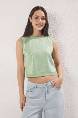 Mint Payetli Bisiklet Yaka Triko Bluz TWOSS25BZ00293 - Trendyolmilla фото 2