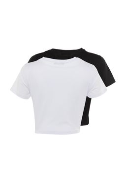 Siyah-Beyaz 2li Paket %100 Pamuk Crop Bisiklet Yaka Orme T-Shirt TWOSS20TS1480