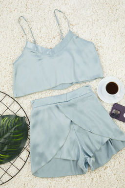 Trendyolmilla Pudra Saten Ip Ask?l? Sortlu Dokuma Pijama Tak?m? THMSS23PT00097 фото 14