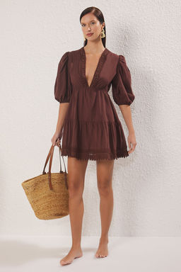 TRENDYOLMILLA Siyah Mini Dokuma Dantel Detayl? %100 Pamuklu Plaj Elbisesi TBESS24EL00116  фото 2