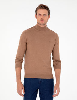 Camel Melanj Slim Fit Yar_m Bal_k__ Yaka Basic Triko Kazak