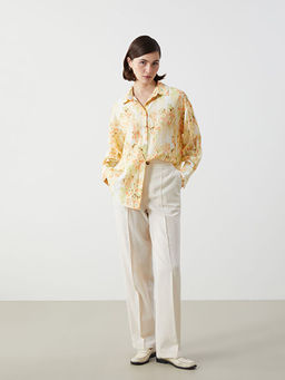 Standart Fit D?z Keten Kar???ml? Kad?n Pantolon