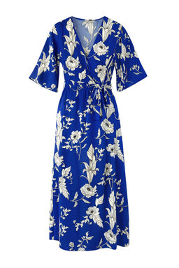 Mavi Kusakl? Cicek Desenli A Kesim Kruvaze Yaka Midi Dokuma Elbise TWOSS24EL00915