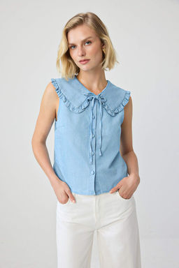 A__k Mavi Yaka Detayl_ Denim Bluz TWOSS26BZ00937