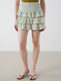 Beli Lastikli ?i?ekli Kat Kat Pileli Mini Etek