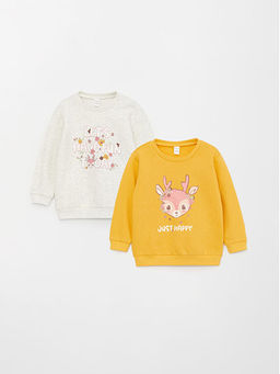 Bisiklet Yaka Uzun Kollu Bask?l? K?z Bebek Sweatshirt 2li