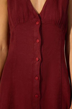 Trendyolmilla Bordo %100 Keten Midi Dugme Detayl? V Yaka Elbise TWOSS25EL00635  фото 3