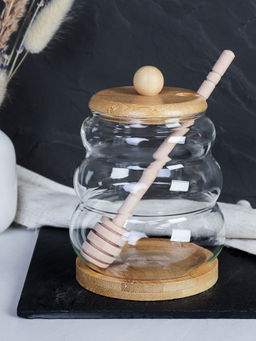 Банка для меда с ложкой на подставке бамбуковая крышка 500 мл / 7278 /уп 100/*