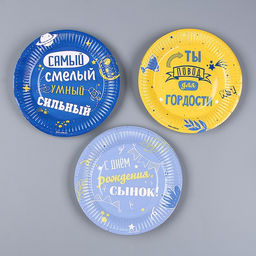 Набор бумажной посуды С днём рождения, сынок: 6 тарелок, 1 гирлянда, 6 стаканов, 6 колпаков - Страна карнавалия фото 3