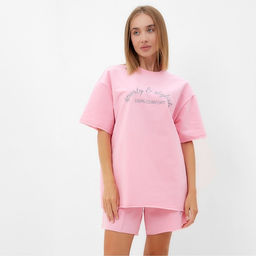 Костюм женский (футболка, шорты) MINAKU: SPORTY & STYLISH, светло-розовый, размер 48