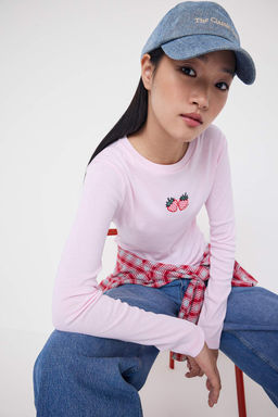 Ac?k Pembe Bask?l? Fitted/Vucuda Oturan Orme Bluz TWOAW25BZ00126