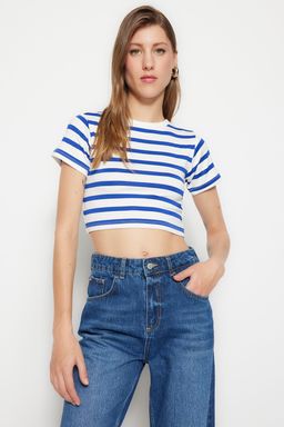 Premium Saks-Ekru Saks Cizgili 2li Paket Viskoz/Yumusak Kumas Crop Esnek Orme Bluz TWOSS23BZ00194