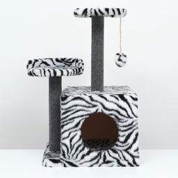 Домик для кошек с когтеточкой, квадратный, 3х-этажный, 35 х 45 х 75см, ковролин, зебра - Пижон фото 2