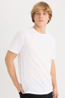 Regular Fit Bisiklet Yaka Bask?l? K?sa Kollu Tisort