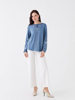 Ba?lamal? Yaka Bask?l? Uzun Kollu Kad?n Bluz