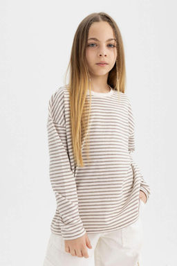 Полосатая футболка с длинными рукавами и круглым вырезом для девочек - Defacto фото 5