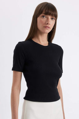 Slim Fit Dar Kesim Bisiklet Yaka Fitilli Kaskorse Basic Duz K?sa Kollu Tisort - Defacto фото 5