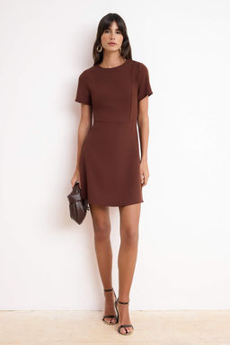 Kahverengi Etegi Belden Ac?lan K?sa Kol Mini Esnek Dokuma Elbise TWOSS26EL00307