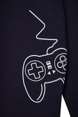 Lacivert Regular Fit Bask?l? Orme %100 Pamuk Pijama Tak?m? TMNAW24PT00012