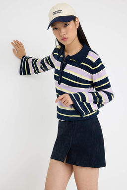 Lacivert Polo Yaka Cizgili Triko Kazak TWOAW26KZ00121