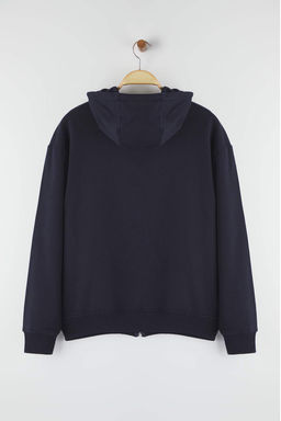 Lacivert Oversize/Genis Kesim Fermuarl? S?cak Tutan Kapusonlu Sweatshirt-H?rka TMNAW24SW00049