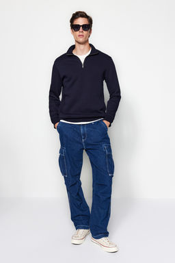 Lacivert Regular/Normal Kesim Dik Yaka Fermuarl? Pamuklu Basic Ici Polarl? Sweatshirt TMNAW24SW00041