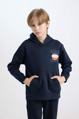 Темно-синий толстый свитшот обычного кроя с капюшоном и принтом на спине для мальчиков - Defacto фото 4