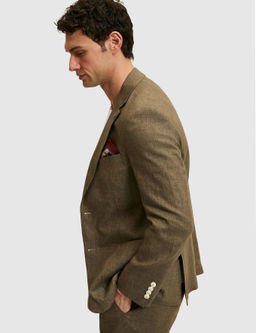 Haki Slim Fit %100 Keten Mikro Desen Mono Yaka Ceket