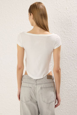 Ekru Fitted/Vucuda Oturan C?tc?tl? Fitilli Esnek Orme Bluz TWOSS25BZ00087