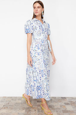 Mavi Genis Kesim Gomlek Yaka Maxi Dokuma Elbise TWOSS24EL00861