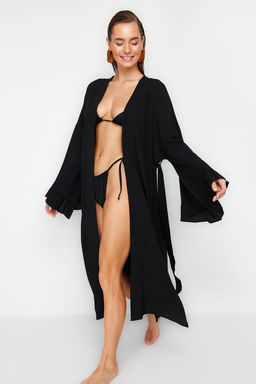 Plaj Giyim Siyah Kusakl? Maxi Dokuma F?rf?rl? Flaml? Pamuk Kimono&Kaftan TBESS24KM00026
