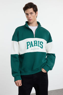 TRENDYOL MAN Zumrut Yesili Oversize/Genis City Bask?l? Renk Bloklu Dik Yaka Fermuarl? Sweatshirt TMNAW25SW00104 - Trendyolmilla фото 8