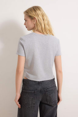 Gri Melanj-Siyah 2li Paket %100 Pamuk Crop Bisiklet Yaka Orme T-Shirt TWOSS20TS1480