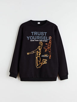 Bisiklet Yaka Bask?l? Erkek ?ocuk Kal?n Sweatshirt