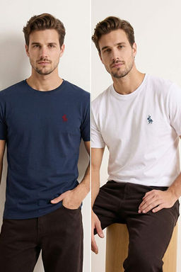 Lacivert-Beyaz Regular/Rahat Kesim 2li Paket %100 Pamuk T-Shirt TMNSS26TS00023