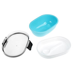 Ланч-бокс для продуктов пластмассовый Обед Люкс 18,5х14см h9см, 2 уровня: 0,3л, 17,8х11,5см h3,4см; 0,45л, 18,7х12,5см h6,1см, с ложкой 13,5см, крышка прозрачная, с клипсами, с уплотнителем, цвета в ассортименте: фисташковый, розовый, голубой (Кита - Домашняя мода фото 2