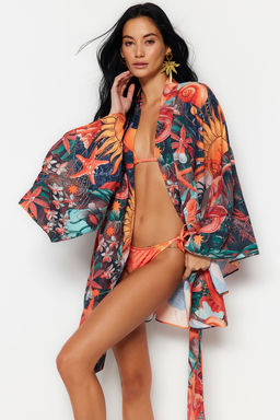 Tropikal Desenli Kusakl? Volanl? Mini Dokuma Plaj Kimono&Kaftan TBESS23KM00024 - Trendyolmilla фото 2