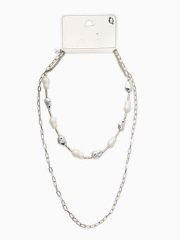 Колье "Жемчуг" борокко, цепь, удлиненное, 2 яруса, цвет белый в серебре
