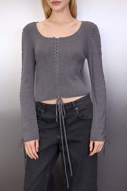Antrasit Premium Iplik/Ozel Iplik Bagc?k Detayl? Triko Kazak TWOAW26KZ00205 - Trendyolmilla фото 3