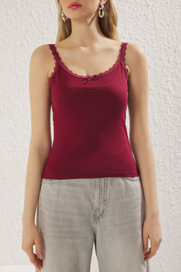 Trendyolmilla Pembe Fitted/Vucuda Oturan Dantel ve Fiyonk Detayl? Esnek Orme Bluz TWOSS25BZ00150 фото 9