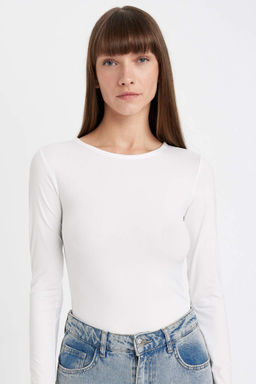 Siyah Slim Fit Dar Kesim Bisiklet Yaka Basic Duz Uzun Kollu Tisort - Defacto фото 4