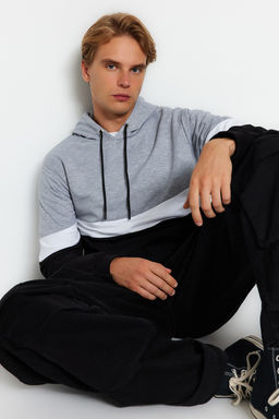 Gri Slim/Dar Kesim Kapusonlu Kanguru Cepli Renk Bloklu Kal?n Sweatshirt TMNAW20SW0208 - Trendyolmilla фото 3