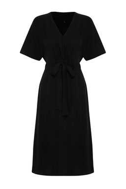 Siyah Baglama Detayl? A Kesim V Yaka Midi Dokuma Elbise TWOSS23EL01543