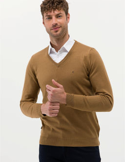 Camel Melanj Slim Fit V Yaka Basic Triko Kazak