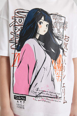 Футболка оверсайз с принтом и короткими рукавами для девочек - Defacto фото 4