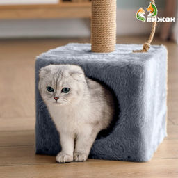 Домик для животных, с когтеточкой и полкой, джут, 32×32×64 см, серый