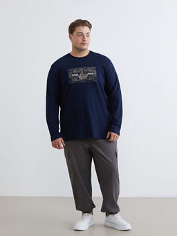 B?y?k Beden Bisiklet Yaka Uzun Kollu Bask?l? Erkek Ti??rt