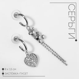 Серьги висячие со стразами «Мишка» с сердцем, белые в серебре