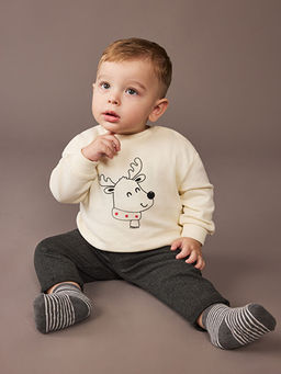 Geyik Bask?l? Erkek Bebek Sweatshirt ve Pantolon