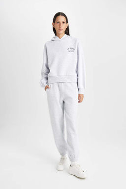 Женская серая толстая толстая толстовка обычного кроя с капюшоном и принтом - Defacto фото 2